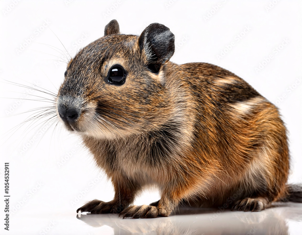 A small, fluffy rodent with brown and white fur sits on a white background A small, fluffy rodent with brown and white fur sits on a white background