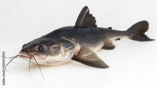 Channel Catfish Ictalurus punctatus is prominently displayed against a white background highlighting its distinct features and anatomy. This freshwater fish is known for its adaptability. photo