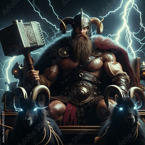 The great Nordic god Thor with his chariot, goats and his hammer Mjölnir. God of thunder, lightning, strength and fertility. Ancient Norse mythology. Scandinavian. Germanic paganism. Generative AI photo