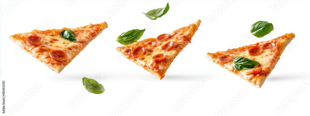 Slices pizza delicious food flying with spices delicious mozzarella cheese Slices pizza delicious food flying with spices delicious mozzarella cheese