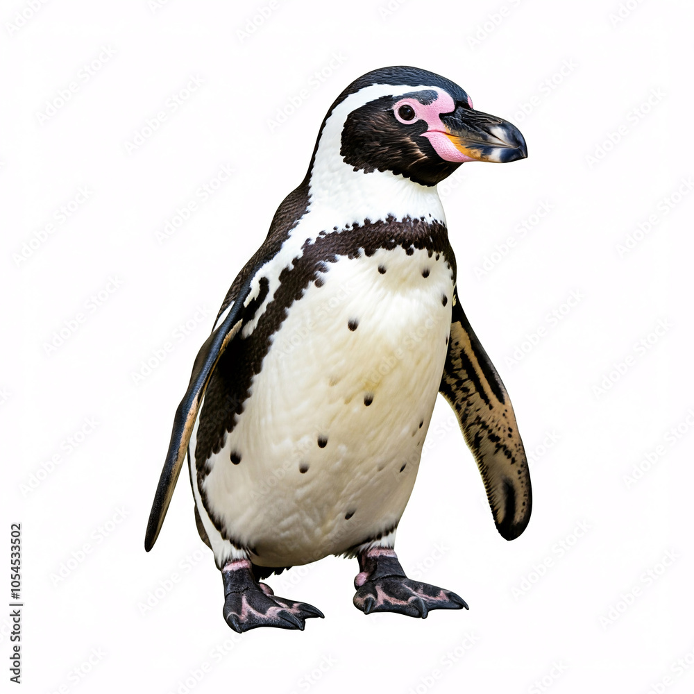 Obraz premium A black and white penguin with a pink beak stands on a white background