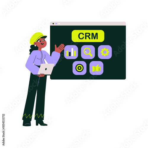 CRM specialist presenting customer relationship management tools on screen, flat vector illustration for CRM strategy, digital marketing, and client management