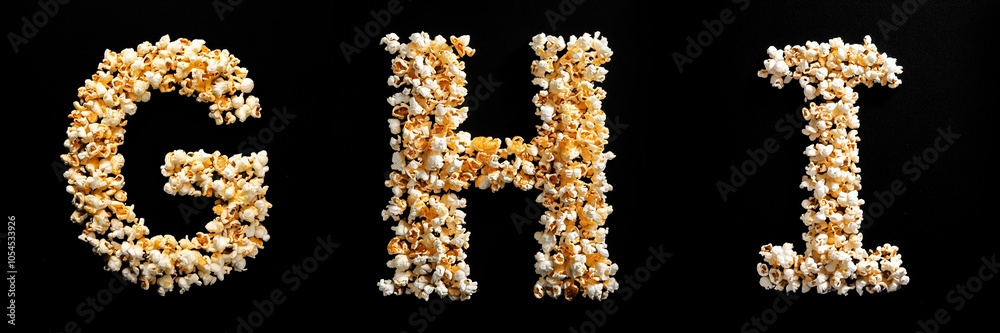 Letters G, H, I. Alphabet Made of Popcorn on Black Background. Letters G, H, I. Alphabet Made of Popcorn on Black Background.