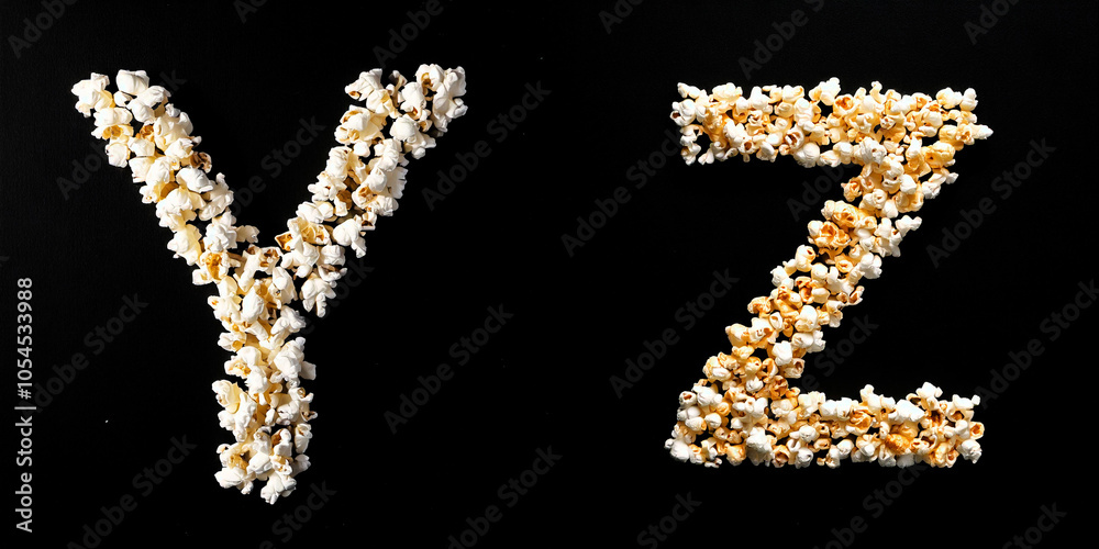 Letters Y, Z. Alphabet Made of Popcorn on Black Background. Letters Y, Z. Alphabet Made of Popcorn on Black Background.
