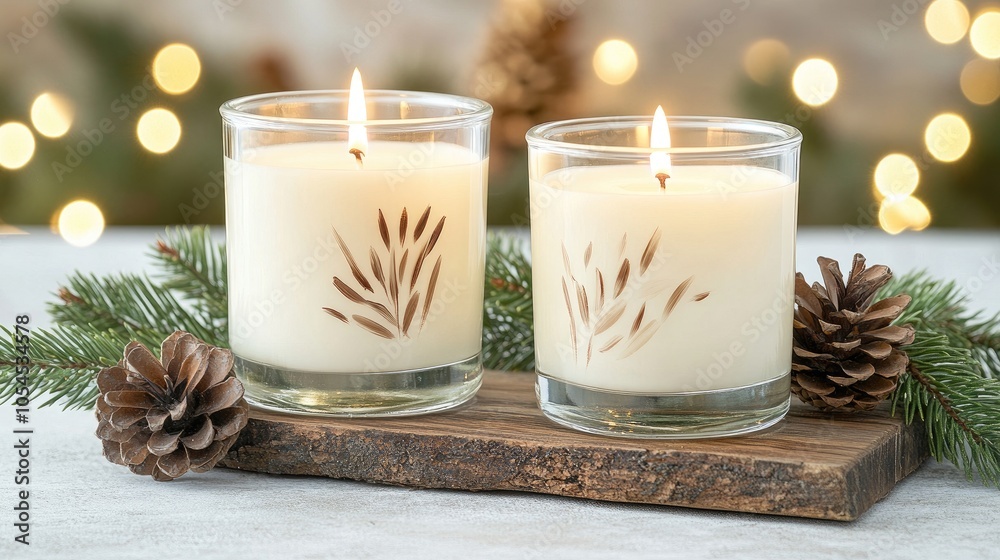 Two glowing candles sit on a wooden slice, flanked by pinecones and cinnamon sticks, creating a warm atmosphere amidst decorative greenery on a winter evening