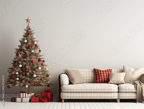 Modern and classic styles inspired scandinavian living room with Christmas tree and Christmas decor and Christmas tartan plaid accents. Festive season interior.
 photo