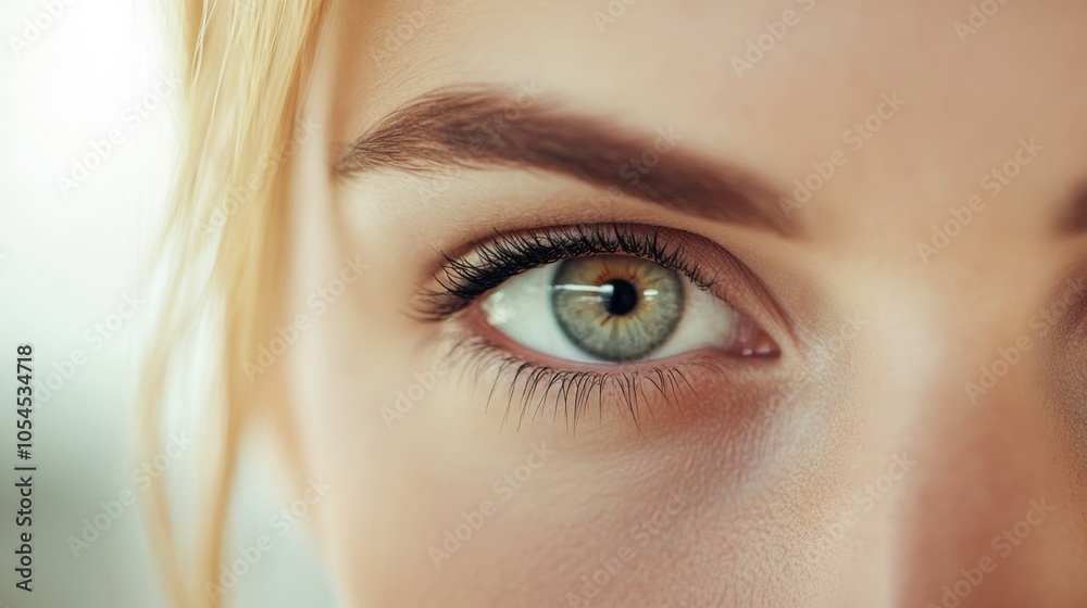 Obraz premium Close-up of a woman's green eye with detailed focus on the iris and eyelashes, AI
