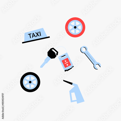 Taxi service essentials with wrench, tire, taxi sign, and fuel can in flat vector illustration symbolizing vehicle repair, fuel services, and transportation, isolated on white background.