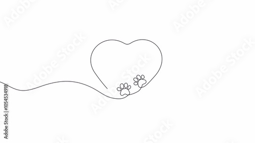 Video. Dog and cat paw hearts drawn in one continuous line. Dog paw prints in a heart frame in a simple linear style. Concept of love for animals. Animation on white background 4K.