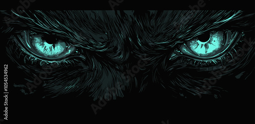 A pair of intense, glowing eyes with a menacing expression, illustrated in dark and intricate lines. The teal-colored irises pierce through the shadows, giving a sense of mystery and danger.