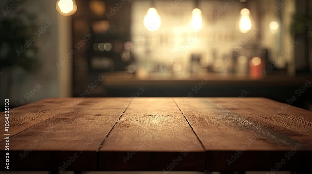 Wood table top on blurred of counter cafe shop with light bulb.Background for montage product display or design key visual layout