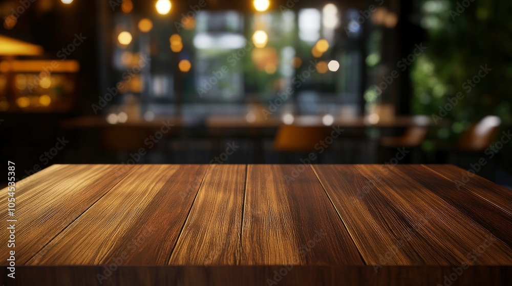 Wood table top with blur restaurant interior in background - can be used for display or montage your products (food) Wood table top with blur restaurant interior in background - can be used for display or montage your products (food)