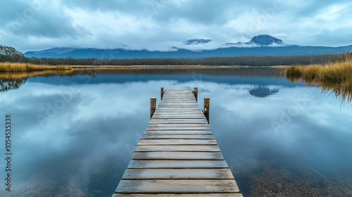 A wooden dock extends into a tranquil lake with a mountain range in the distance. The water is still and reflects the cloudy sky.