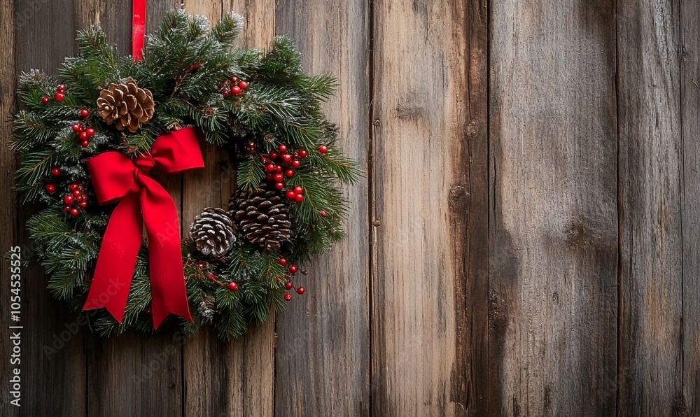 A festive wreath adorned with pinecones and red berries on wooden background. A festive wreath adorned with pinecones and red berries on wooden background.