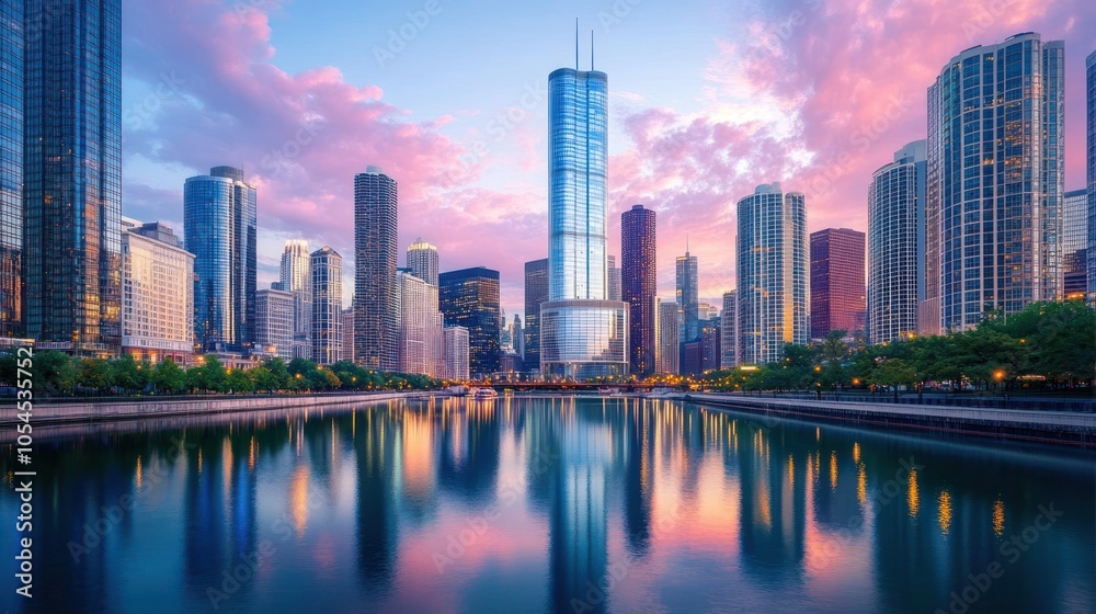 Obraz premium A vibrant city skyline at sunset reflecting on water, showcasing modern architecture.