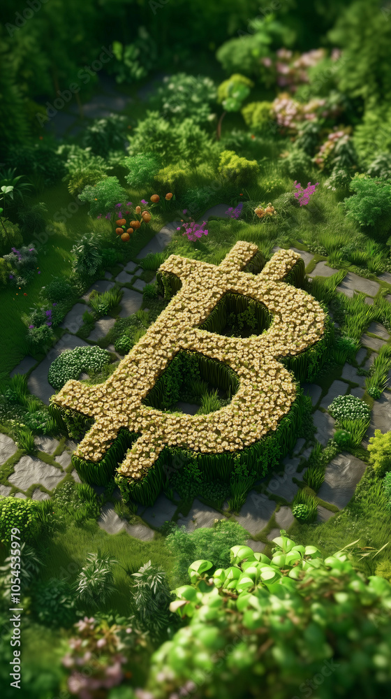 handcrafted Bitcoin monument with plants and floral arrangements, emphasizing the concept of cryptocurrencies and digital finance in the context of technological investment and blockchain technology