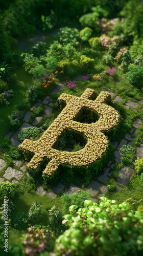 Obraz na płótnie handcrafted Bitcoin monument with plants and floral arrangements, emphasizing the concept of cryptocurrencies and digital finance in the context of technological investment and blockchain technology w salonie