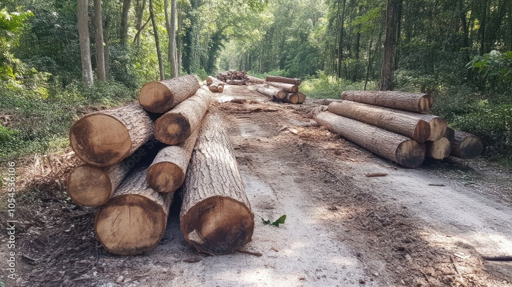 A forest road with cut logs scattered along the path, indicating logging activity. A forest road with cut logs scattered along the path, indicating logging activity.