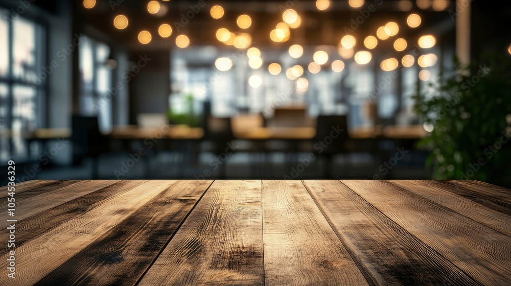 wooden table on Blurred empty open space office. Abstract light bokeh at office interior background for design wooden table on Blurred empty open space office. Abstract light bokeh at office interior background for design