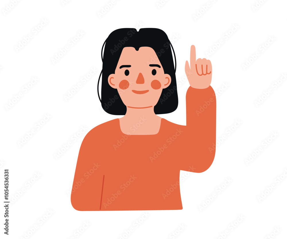 Girl points, directs and shows with her finger. Gesture to look up. Indicate with hand. Character indicates attention. Vector flat isolated illustration Girl points, directs and shows with her finger. Gesture to look up. Indicate with hand. Character indicates attention. Vector flat isolated illustration