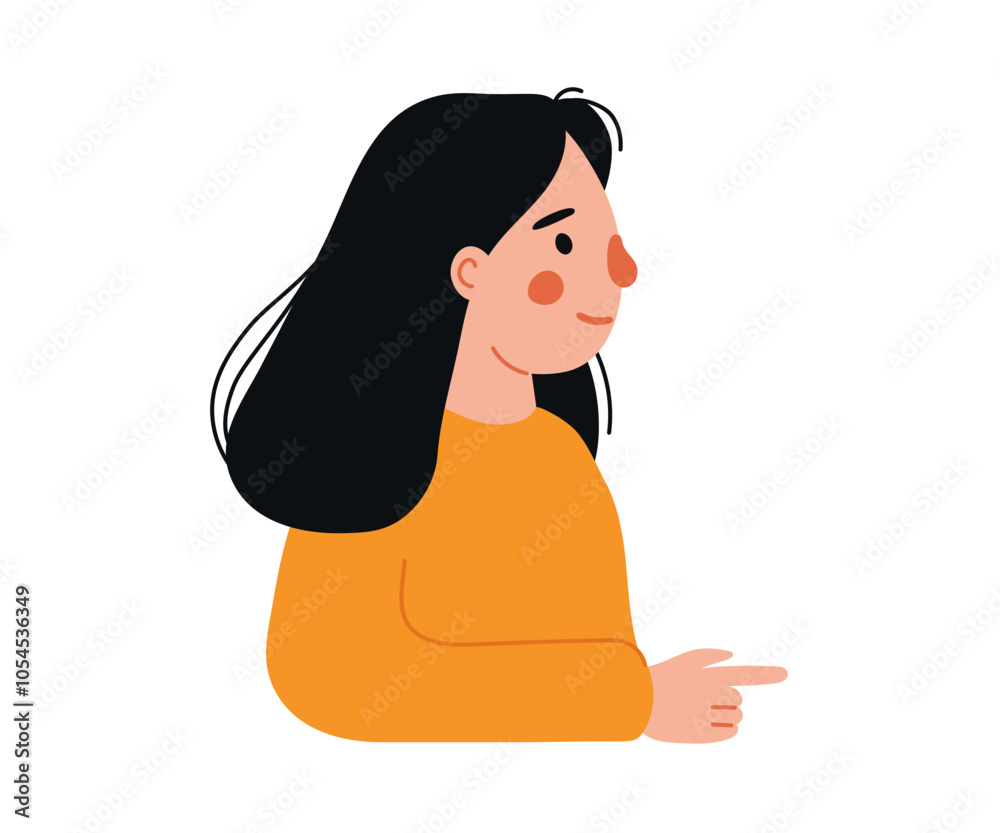 Girl points, directs and shows with her finger. Gesture to side. Indicate with hand. Character indicates attention. Vector flat isolated illustration Girl points, directs and shows with her finger. Gesture to side. Indicate with hand. Character indicates attention. Vector flat isolated illustration