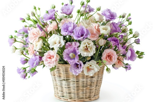 Eustoma flowers in wicker vase on white background