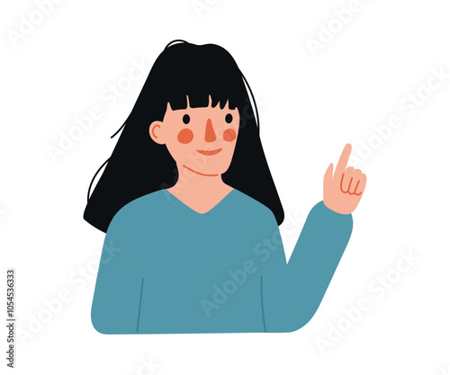 Girl points, directs and shows with her finger. Gesture to look up. Indicate with hand. Character indicates attention. Vector flat isolated illustration