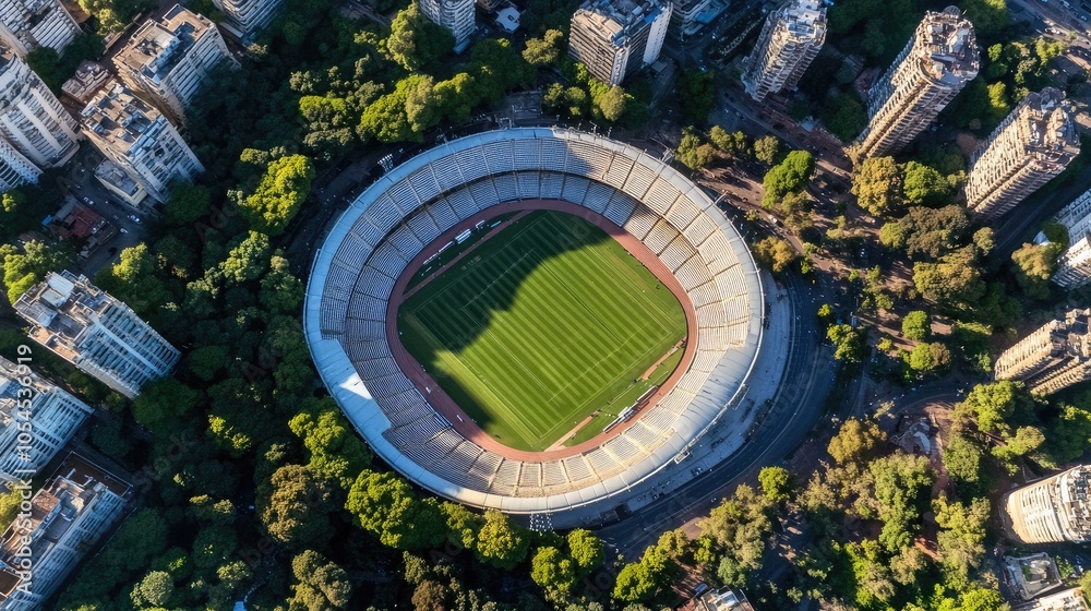 Obraz premium This vibrant sports stadium, nestled among lush trees and tall buildings, showcases meticulously maintained grass. The scene captures an urban setting bustling with life