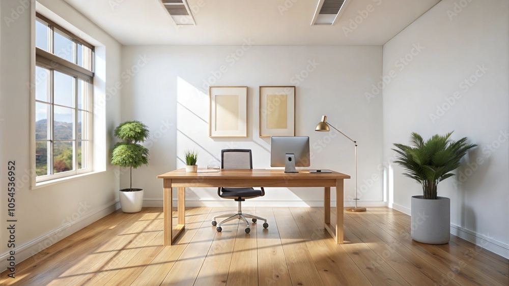 Fototapeta premium Picture frame mockups in modern office interior with wooden desk and large windows