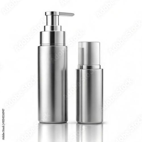 Sleek silver cosmetic pump bottles on white background