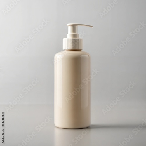 Creamy beige cosmetic pump bottle on light gray background