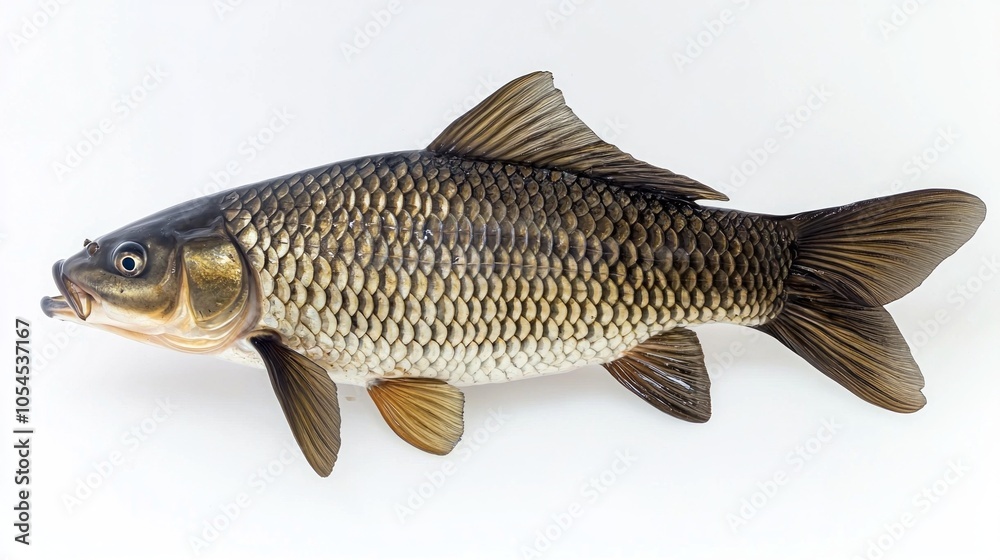 well defined grass carp Ctenopharyngodon idella lies on a white background highlighting its scales and elongated body structure representing this unique fish species. well defined grass carp Ctenopharyngodon idella lies on a white background highlighting its scales and elongated body structure representing this unique fish species.