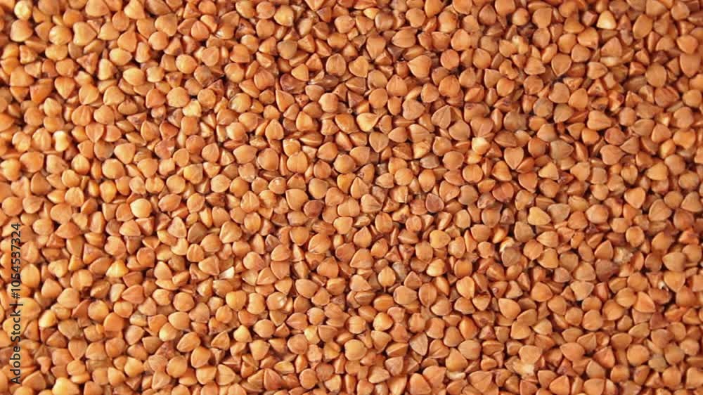 Dry Uncooked Brown Buckwheat Groats, Slowly Rotating Background - Top View. Raw Large Buckwheat Grains. Russian, Ukrainian and Belarusian Culture. Rotation Right Dry Uncooked Brown Buckwheat Groats, Slowly Rotating Background - Top View. Raw Large Buckwheat Grains. Russian, Ukrainian and Belarusian Culture. Rotation Right