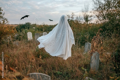 A ghostly figure drifts through a graveyard at dusk, evoking mystery.