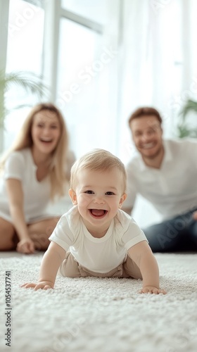 Happy Baby Crawling with Parents Smiling in Bright Living Room