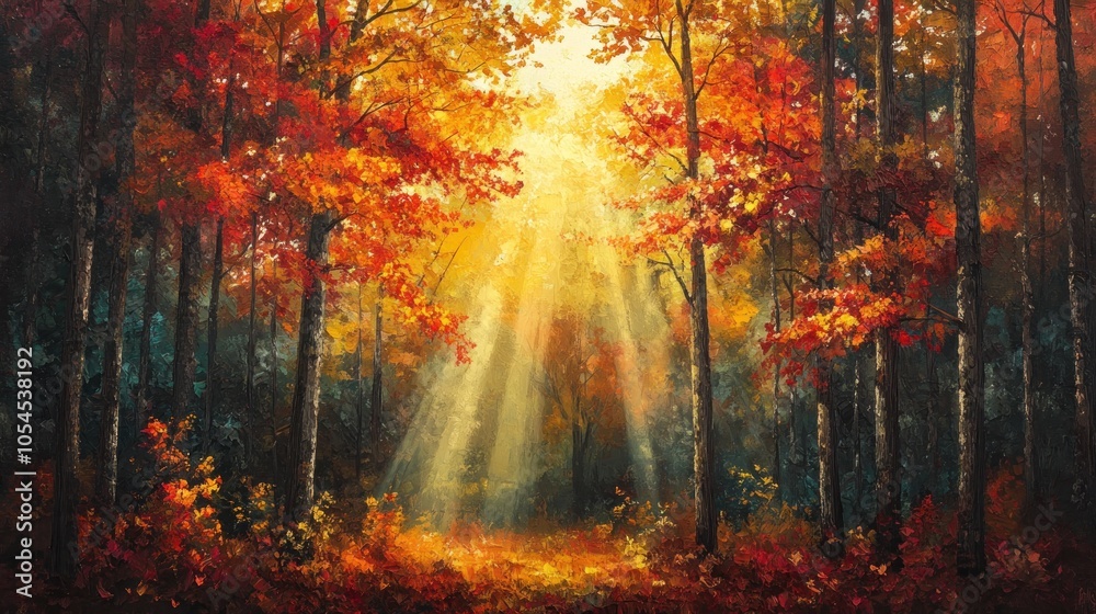 A painting of a forest in autumn with the sun shining through the trees. A painting of a forest in autumn with the sun shining through the trees.