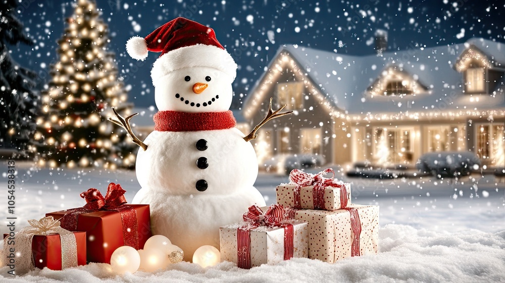 In a whimsical winter setting, a cute snowman with a gray hat and scarf stands proudly, surrounded by soft snow and glowing holiday lights in the background In a whimsical winter setting, a cute snowman with a gray hat and scarf stands proudly, surrounded by soft snow and glowing holiday lights in the background