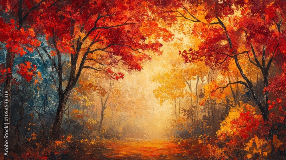 A path leads through a lush forest with vibrant red, orange, and yellow leaves. The sunlight filters through the canopy, creating a warm and inviting atmosphere. A path leads through a lush forest with vibrant red, orange, and yellow leaves. The sunlight filters through the canopy, creating a warm and inviting atmosphere.