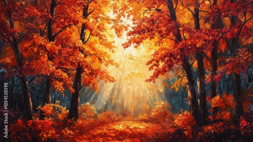 A painting depicting a path through a forest with colorful autumn leaves and sunlight filtering through the trees.