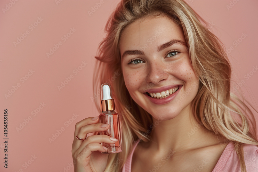 Fototapeta premium close up of hand holding a bottle of oil, serum, perfume. cosmetic product in the women's hands on pink background, close up. self care, wellness. AI Generated
