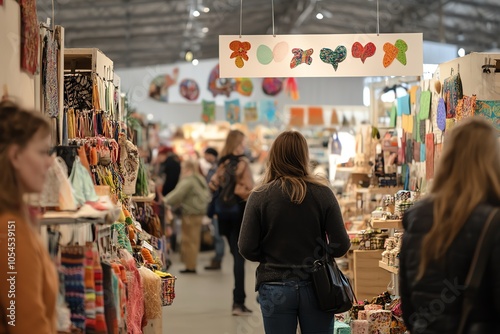 People browsing colorful stalls at a bustling indoor market showcasing handmade crafts and unique gifts in a lively atmosphere.