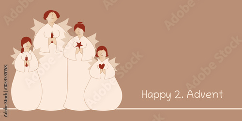 Happy 2. Advent - Schriftzug in englischer Sprache - Fröhlicher 2. Advent. Grußkarte mit vier niedlichen Engeln mit Kerzen, Herz und Stern.