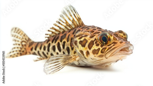 Leopard Bushfish showcases its striking patterns and colors in a clear detailed presentation highlighting its unique features against a neutral backdrop. photo