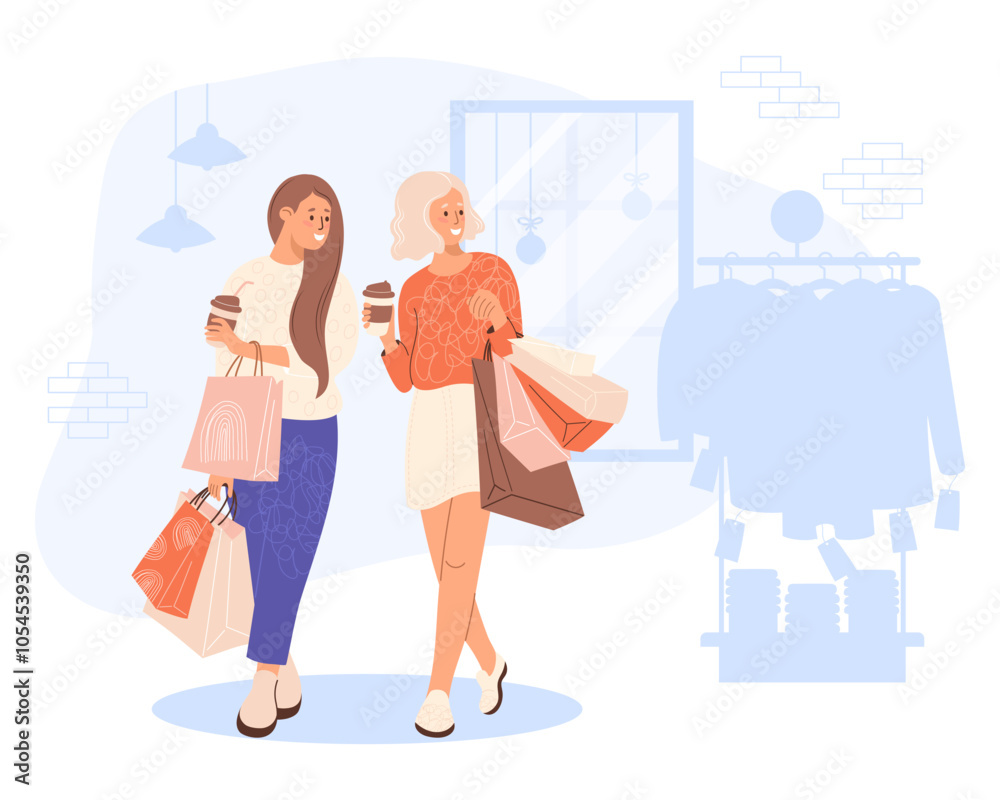 Shopping in store. Happy women girlfriends buyers with takeaway coffee and packages near rack with clothes on sale. Vector illustration. Holiday Female character shopper, purchase, Black Friday Shopping in store. Happy women girlfriends buyers with takeaway coffee and packages near rack with clothes on sale. Vector illustration. Holiday Female character shopper, purchase, Black Friday