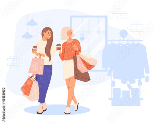 Shopping in store. Happy women girlfriends buyers with takeaway coffee and packages near rack with clothes on sale. Vector illustration. Holiday Female character shopper, purchase, Black Friday