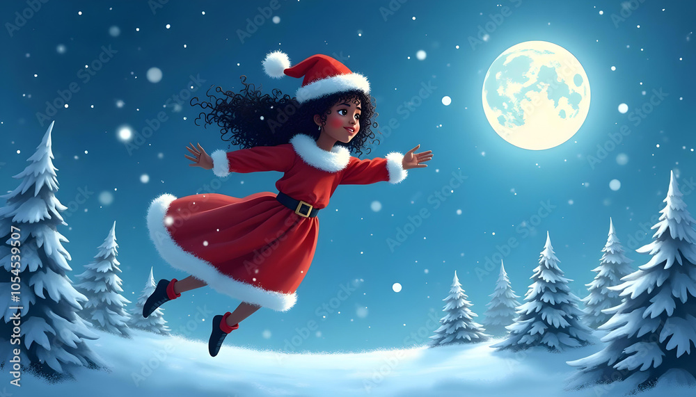 Obraz premium A flying girl dressed in a Santa costume