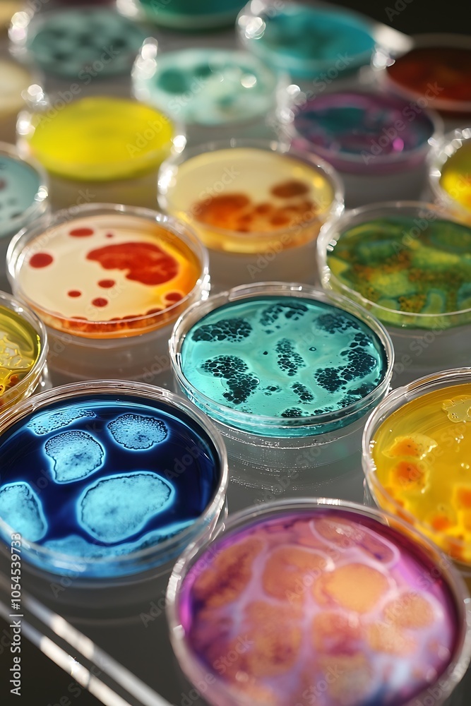 Petri dishes filled with bacterial colonies under observation. Science reveals the microscopic world. Petri dishes filled with bacterial colonies under observation. Science reveals the microscopic world.