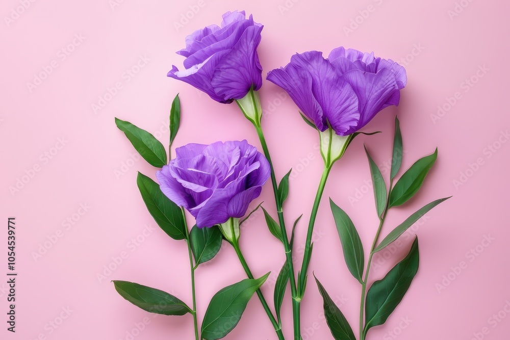 Gorgeous purple eustoma flower with leaves on pink backdrop Gorgeous purple eustoma flower with leaves on pink backdrop