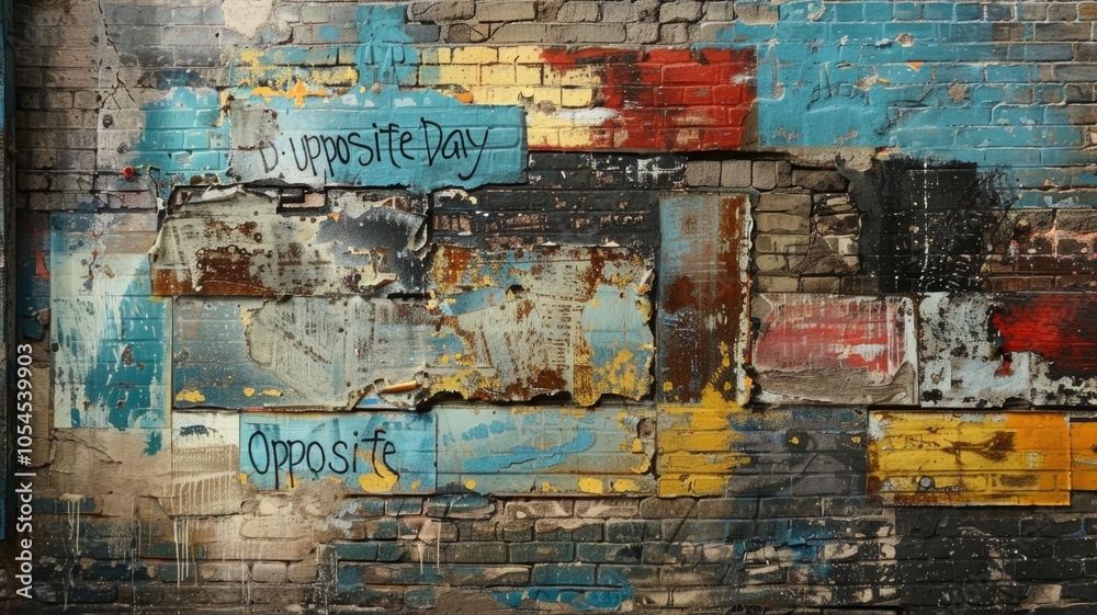 Fototapeta premium Colorful urban graffiti on textured brick wall with peeling paint,