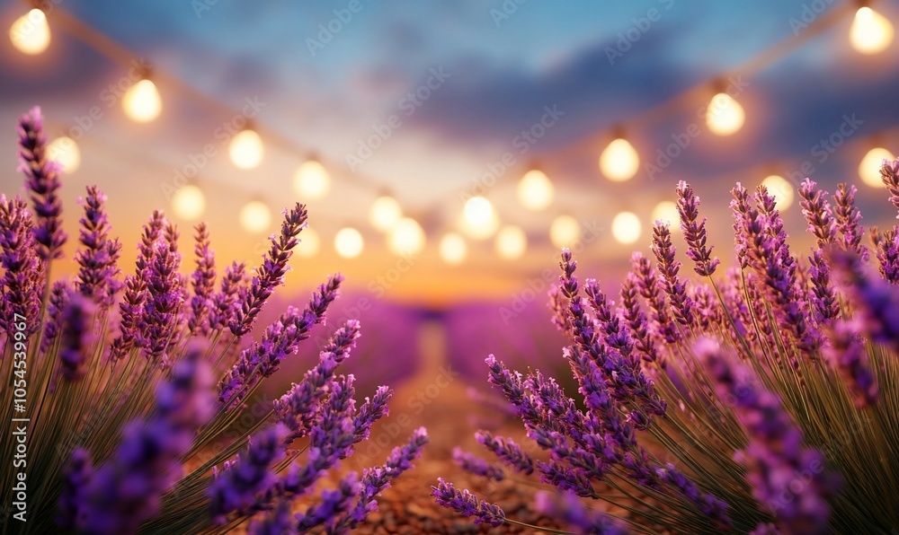 A serene lavender field illuminated by glowing string lights at sunset.